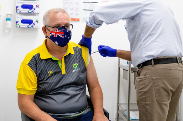 Prime Minister Scott Morrison receives his second Pfizer vaccination at Castle Hill Medical Centre in March.