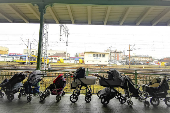 Strollers for refugees and their babies fleeing the conflict from neighbouring Ukraine are left at the train station in Przemysl, Poland.