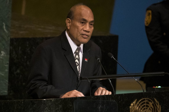 President Taneti Maamau of Kiribati addresses the United Nations General Assembly in New York, Sept. 22, 2022. Kiribati has accused foreign-born judges, who hold offices in Kiribati and a number of Pacific island nations, of trying to undermine their sovereignty.