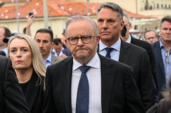 Prime Minister Anthony Albanese at the Bondi terror attack memorial on Sunday.