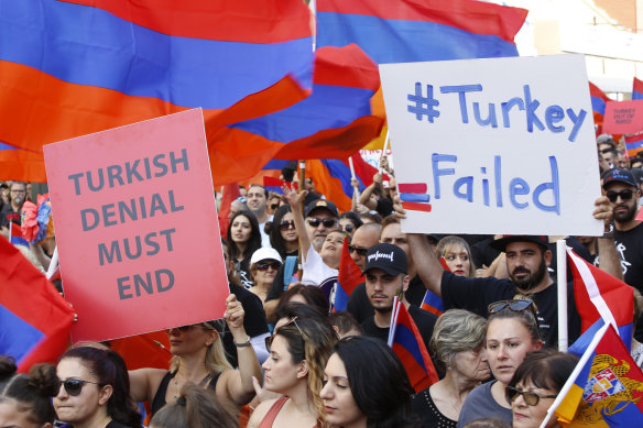 Crowds of Armenian Americans march in Los Angeles in 2019 during the annual commemoration of the deaths of 1.5 million Armenians under the Ottoman Empire. Turkey contends the deaths were due to civil war and unrest. 