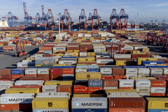Containers are piled up in Hamburg harbour. The pandemic exposed the vulnerability of individual economies to the lengthy and complex supply chains that had been built during the period of peak globalisation.