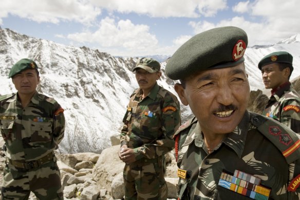 Members of the Ladakh Scouts infantry regiment – nicknamed the "Snow Warriors" – at Khardung La, a mountain pass in the Ladakh Himalayas on September 12.
