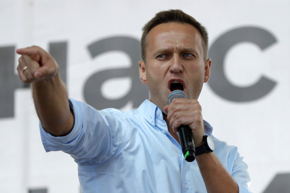 Alexei Navalny firing up a crowd during a political protest in Moscow in 2019.