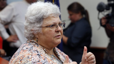Susan Bro, mother of Heather Heyer who was killed in 2017 during a white supremacist rally, gives a thumbs up to the press after the sentencing of James Alex Fields Jr. in federal court in Charlottesville, Virginia.