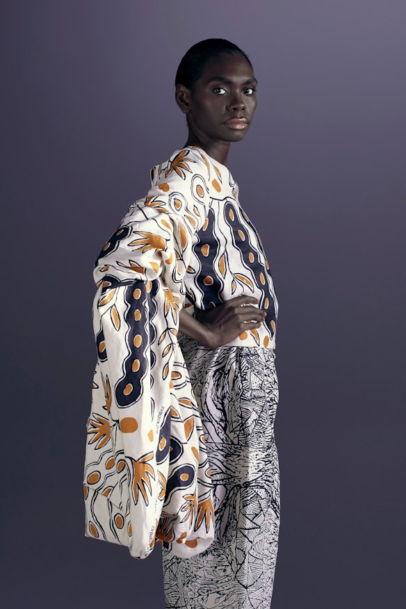 Indigenous fashion makes its mark in this year's Virgin Australia Melbourne Fashion Festival. Model Magnolia Maymuru in an image from Bendigo Art Gallery's Piinpi exhibition.