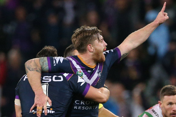 Hammer blow: Cameron Munster delivers victory for the Storm last week with a late field goal.
