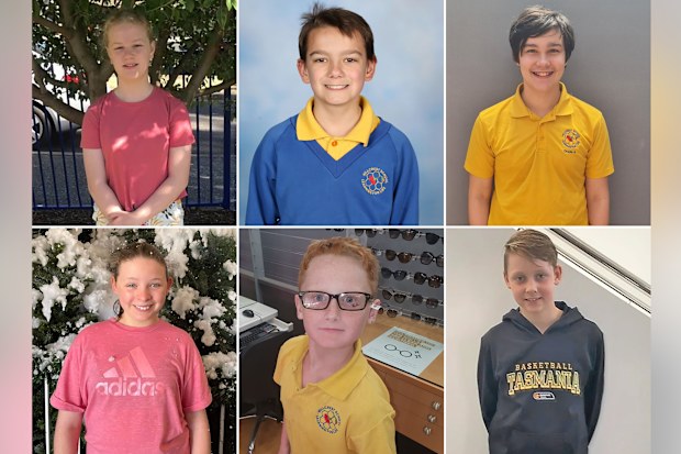 A composite of supplied images shows (clockwise from top-left) Addison Stewart, 11, Jye Sheehan, 12, Zane Mellor, 12, Chace Harrison, 11, Peter Dodt, 12, and Jalailah Jayne-Marie Jones, 12, who have been identified by police, with permission from their families, as the six children tragically killed in a jumping castle accident at Hillcrest Primary School.