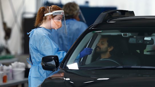 Medical staff administering COVID-19 tests in Melbourne earlier this week. 