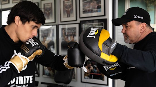Jeff Fenech trains Brock Jarvis in his home gym in Five Dock, Sydney.