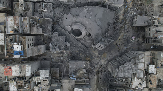 The rubble of the Sousi Mosque, Gaza, destroyed in an Israeli airstrike.