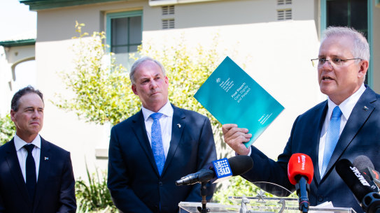 (L-R) Health Minister Greg Hunt, Aged Care Minister Richard Colbeck and Prime Minister Scott Morrison at the release of the Royal Commission into Aged Care Quality and Safety final report.