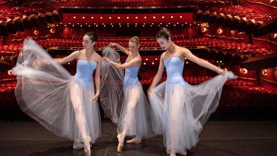 Lilly Maskery, Jacqueline Clark and Karina Arimura prepare for the  Australian Ballet’s return to the State Theatre for the first time in 20 months.
