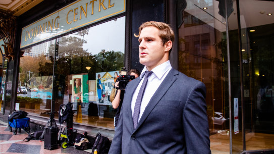 St George Illawarra player Jack de Belin leaving the Downing Centre on Thursday.