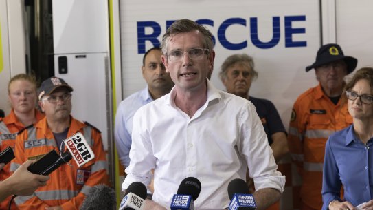 Premier Dominic Perrottet in Grafton on Wednesday ... his response to this disaster will be critical politically. 