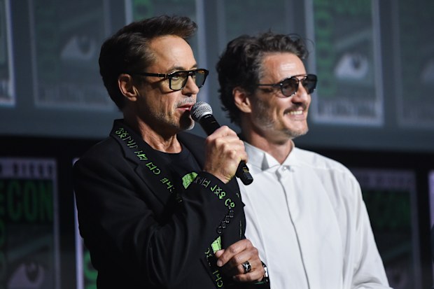 Robert Downey Jr., left, and Pedro Pascal attend a panel for Marvel Studios during Comic-Con International on Saturday, July 25, 2026, in San Diego.