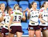 The Broncos celebrate a try in their NRLW win over the Titans.