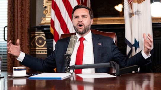 Vice President JD Vance behind the microphone as he hosted a tribute episode of the Charlie Kirk Show following the activist’s assassination.