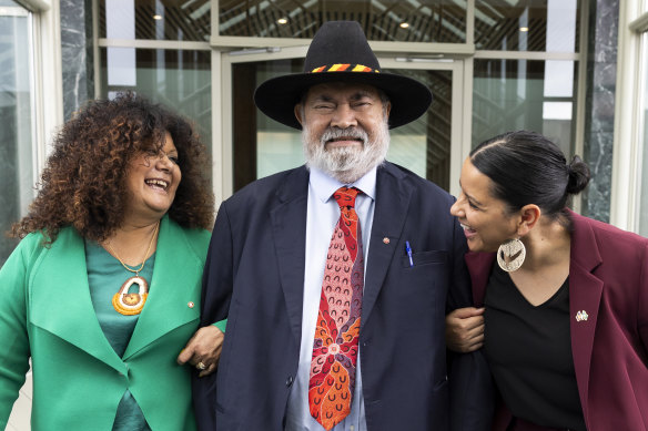 Senator Pat Dodson (centre) flanked by Assistant Minister for Indigenous Australians and Assistant Minister for Indigenous Health Malarndirri McCarthy (left) and Senator Jana Stewart (right) depart after a press conference at Parliament House on Tuesday.