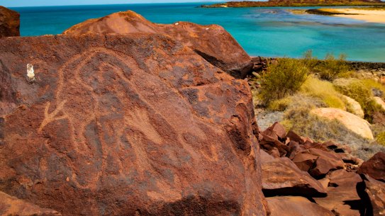 Ancient rock art at Murujuga, the Burrup Peninsula, Western Australia.