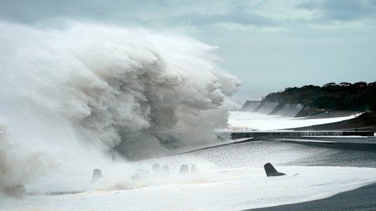 Surging waves generated by typhoon Hagibis hit the seashore in Mihama, Mie Prefecture, Japan.