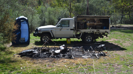 New photos of the burnt Wonnangatta camp site were shown to the jury for the first time on Monday.