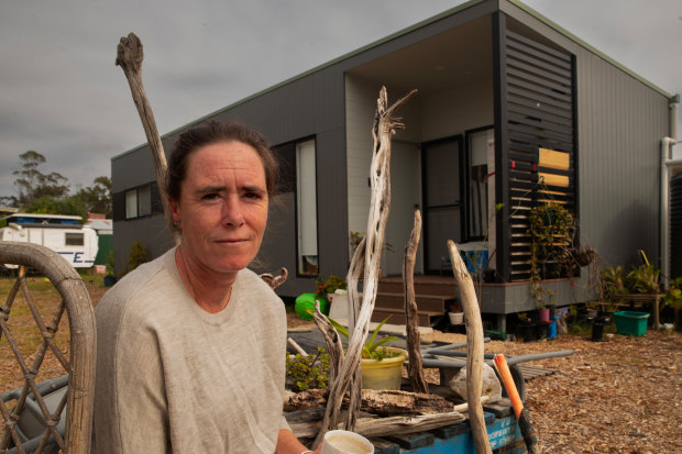 Brooke Robinson at her temporary modular house in Mallacoota. 