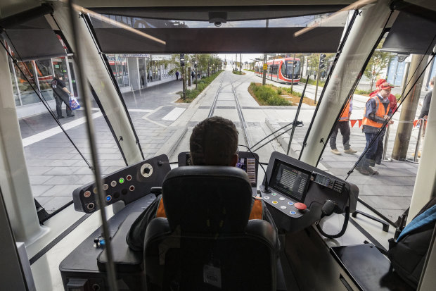 The driver's view of the new light rail in Canberra, which opened on April 20. 