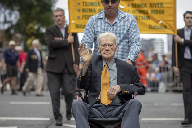 WWII Private Noel Pilcher is seen during the Anzac Day parade in Brisbane last year. Sadly, there will be no parade this year. 