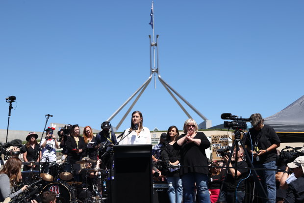 Brittany Higgins speaks at the March 4 Justice protest to rally against the Australian Parliament’s ongoing abuse and discrimination of women in Australia at Parliament House in Canberra on March 15.