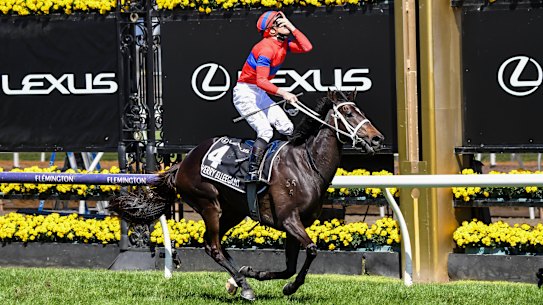 James McDonald celebrates the Melbourne Cup win of Verry Elleegant.