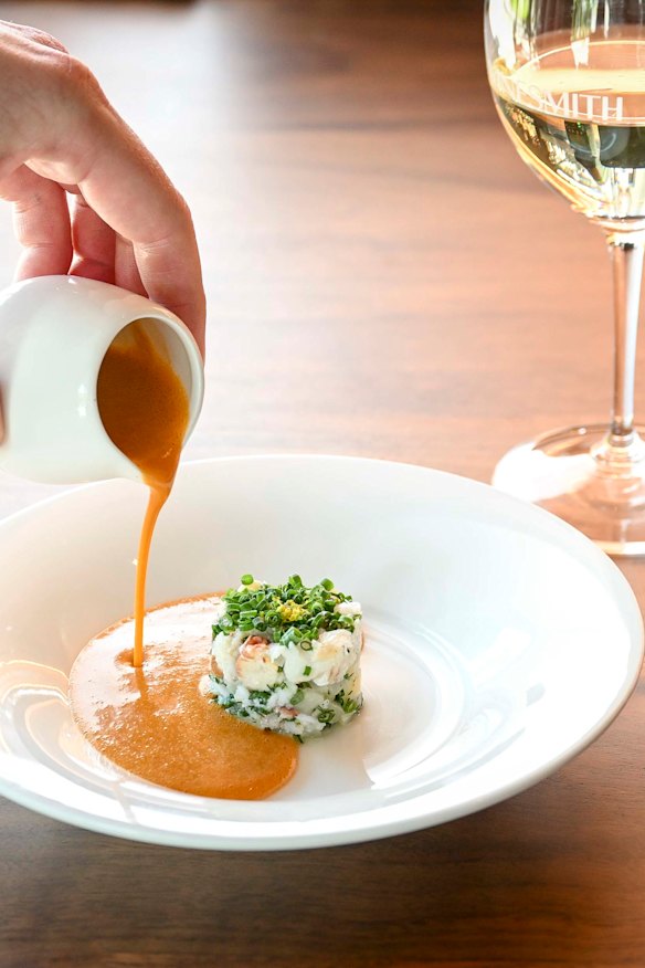 Sand crab, fennel, garden herbs, bisque. 