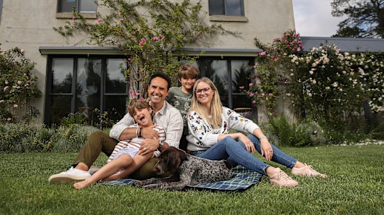 Massimo and Millie Di Maio with their children, Leo and Luca and their dog, Tilly, at their rural property in Jembaicumbene, near Braidwood.
