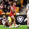 Isaiya Katoa celebrates scoring against the Roosters.