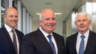 Three decades of leadership: CSL chief executive Paul Perreault (left), with incoming CEO Paul McKenzie (centre) and company chairman Brian McNamee.