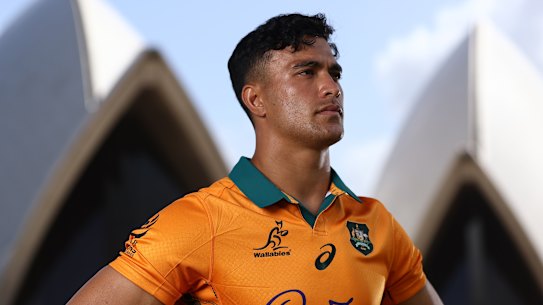 Joseph Suaalii poses during the Wallabies jersey launch for the 2025 British & Irish Lions Tour