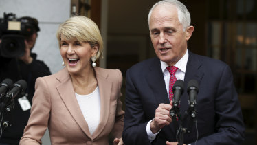 Deputy Liberal leader Julie Bishop and Prime Minister Malcolm Turnbull speak to the media on Tuesday after the challenge.
