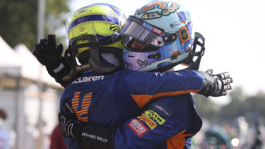 McLaren teammates Daniel Ricciardo and Lando Norris embrace after the Italian GP.