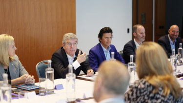IOC President Thomas Bach speaks at a meeting with Brisbane 2032 Olympic Games figures, including Queensland Premier Annastacia Palaszczuk.