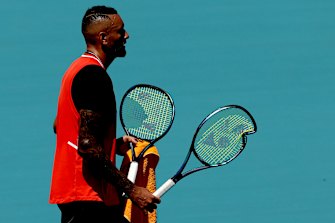 Nick Kyrgios with his broken racquet in Miami.