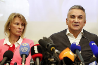 Novak Djokovic’s parents Srdjan (right) and Dijana at a press conference in Belgrade.