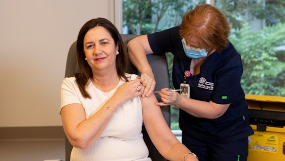 Queensland Premier Annastacia Palaszczuk is given the COVID-19 vaccination by clinical nurse Dawn Pedder at the Surgical Treatment Rehabilitation Service Centre in Brisbane.