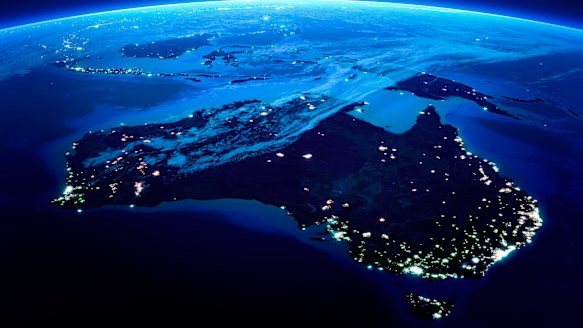 A satellite view of
the bright lights
of Australia at night
highlight how the
population is
concentrated in
our state capitals.