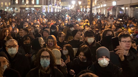 People attend the opposition rally in support of jailed opposition leader Alexei Navalny in Moscow, Russia last week.