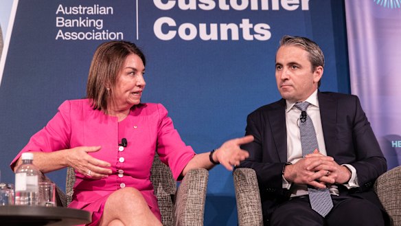Commonwealth Bank chief executive Matt Comyn alongside ABA chief executive Anna Bligh.