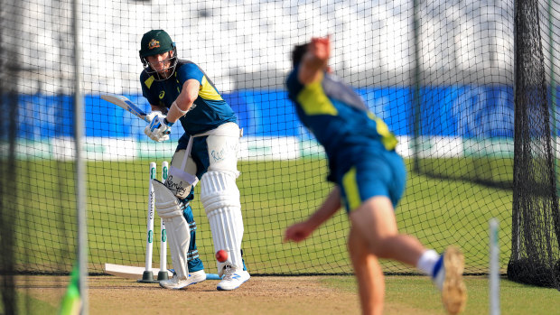 Steve Smith bats in the Headingley nets in preparation for the fourth Test.