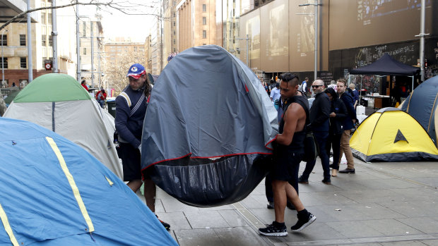 People move tents at Tent City in Martin Place on August 2017.