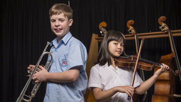Students Flynn Poppleton, 12, and Naomi Nogawa-Lewy, 9, are winners of the International Jazz Day composition competition.