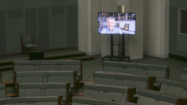 Videoconference capabilities in the House of Representatives are tested out with Shadow Attorney-General Mark Dreyfus ahead of the resumption of Parliament.