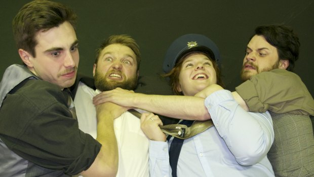 <i>Accidental Death of an Anarchist</i>, from left: Damon Baudin as Superintendent, Nick Steain as Inspector Bertozzo, Anneka Van Der Velde as Constable and Izaac Beach as Inspector Pissani.